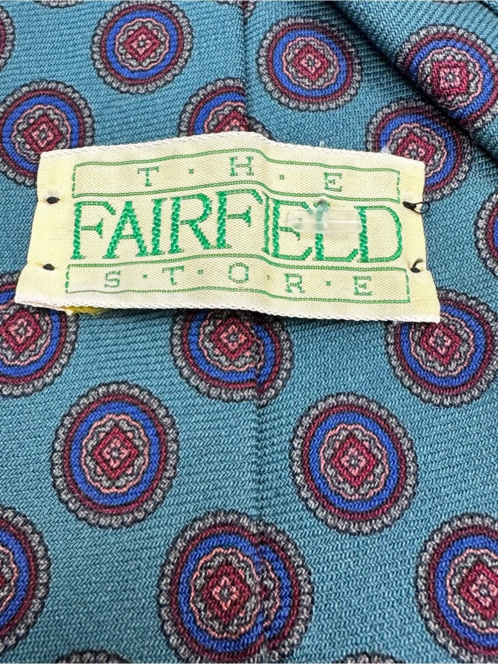 Vintage The Fairfield Store Wool Tie Teal Medallion Made in Italy Mens Necktie